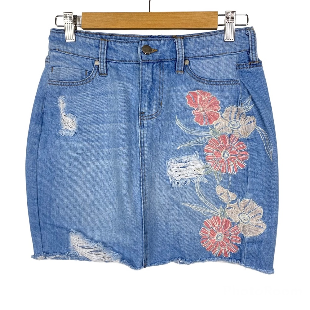 LIVERPOOL Distressed Denim Raw Hem Mini Skirt with Flower Embroidery, Size 2